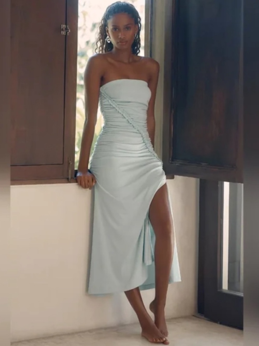 Strapless Gabbie Ruched Midi Dress with Side Slit
